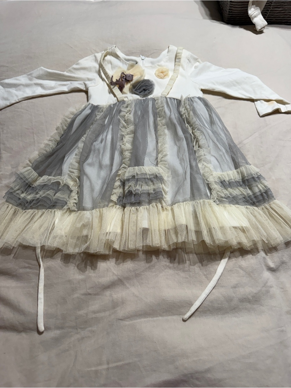 Isabella and Chloe - Girls White and Gray Tulle Dress with Floral Appliqués